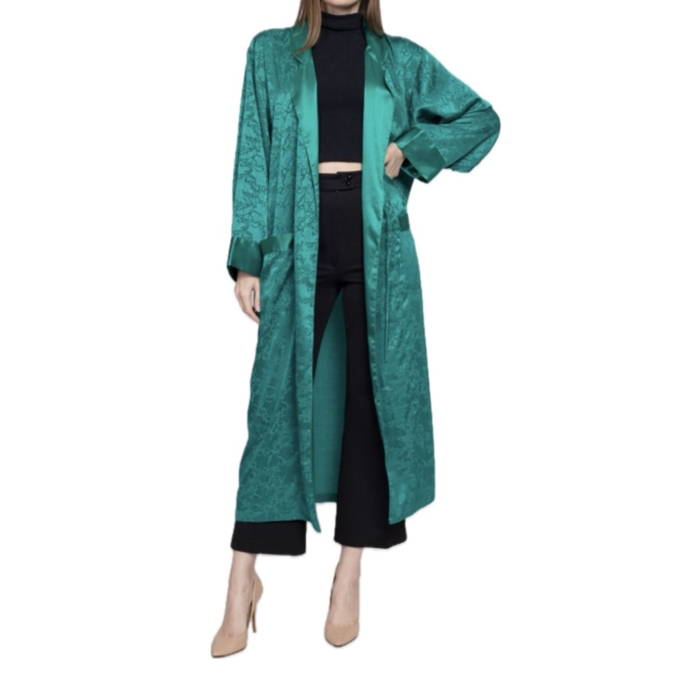 Vintage Victoria Secret Gold Label Emerald Green Satin Belted Jacquard Robe M/L